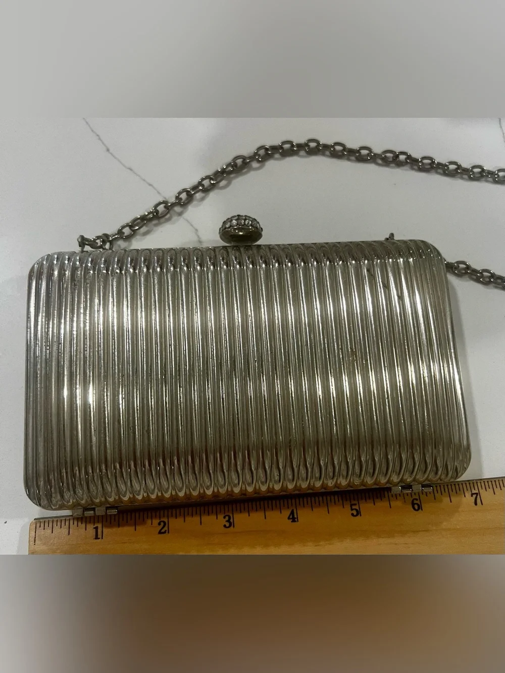 HUSER Silver Steel Hard Case Clutch Evening Bag Ribbed Chain Strap Crystal Clasp